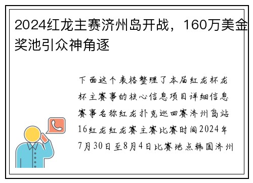 2024红龙主赛济州岛开战，160万美金奖池引众神角逐